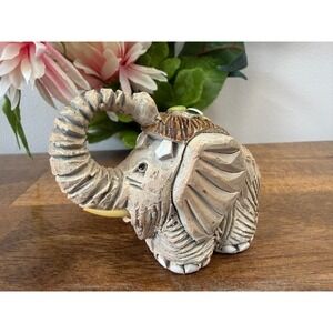 Vintage Resin Elephant Figurine Safari Tribal Style Raised Trunk Decor Whimsical